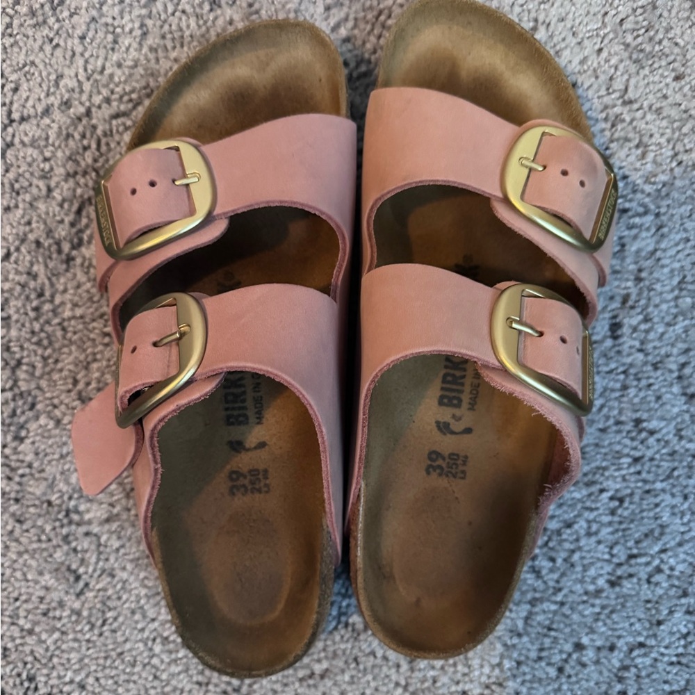 Birkenstock Pink Sandals with big Gold Buckles